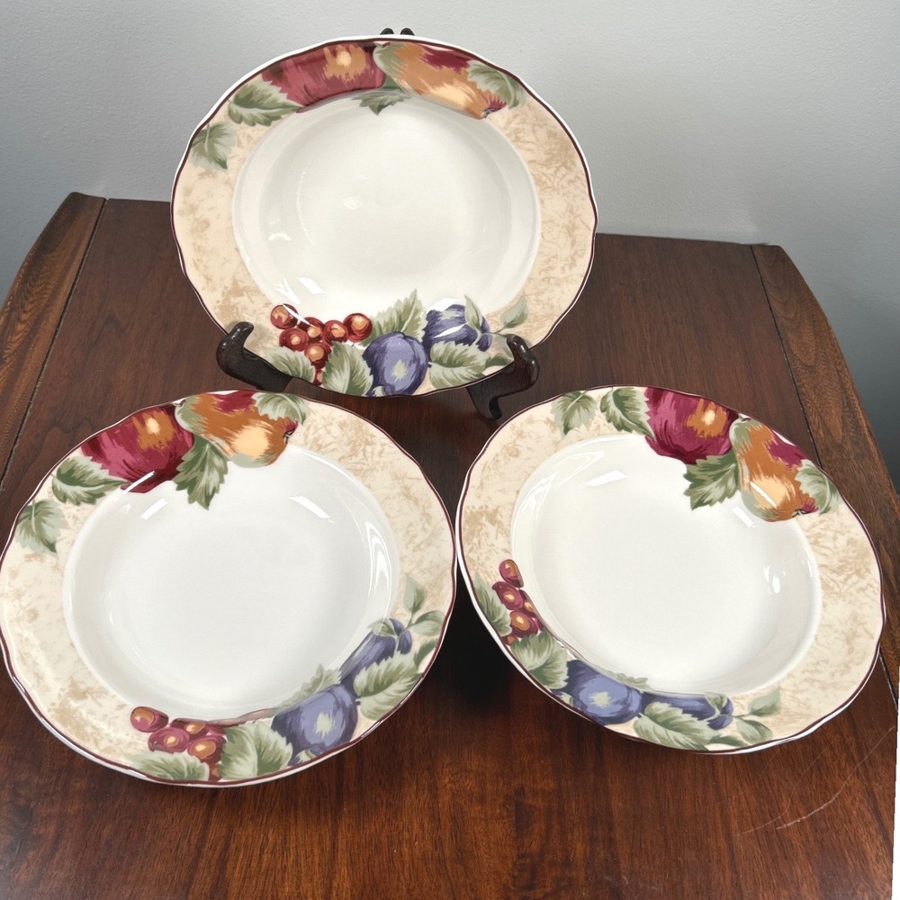 Noble Excellence Napa Valley Fruit Rimmed Soup Bowls Grapes Plums Pears THREE